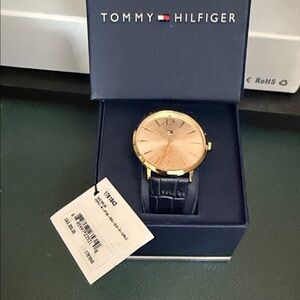 Tommy Hilfiger Gold Dial with Black Leather Strap Watch